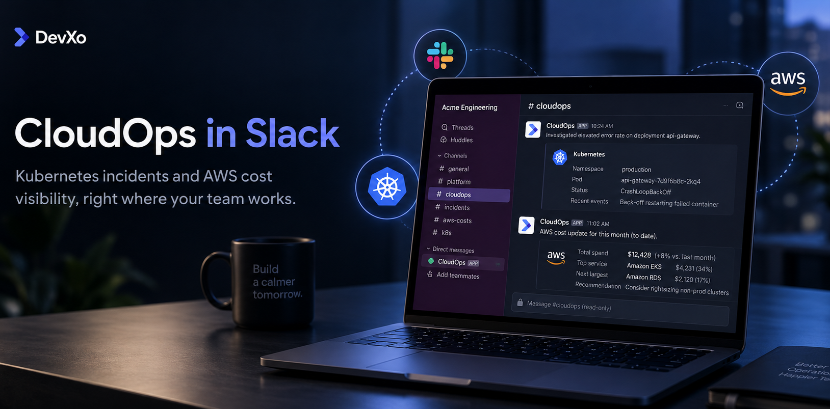 DevXo CloudOps AI assistant for Kubernetes troubleshooting and AWS cost visibility in Slack